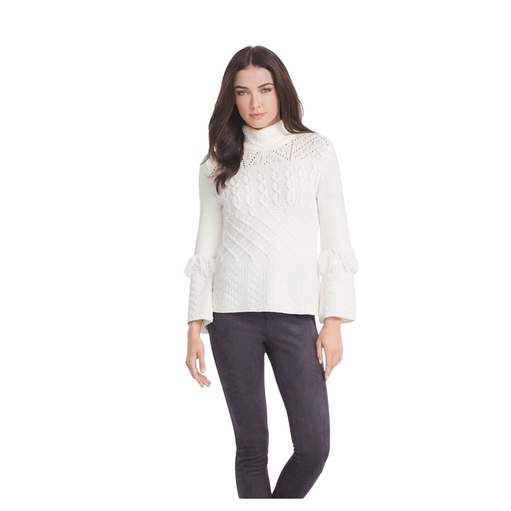 WHBM Sweater Mock Neck Embellished Fringed Cable Knit Sweater Ivory‎ XS